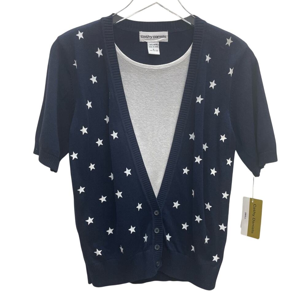 Cathy Daniels Two-Fer Sweater Layered Look Navy with White Stars Size Small